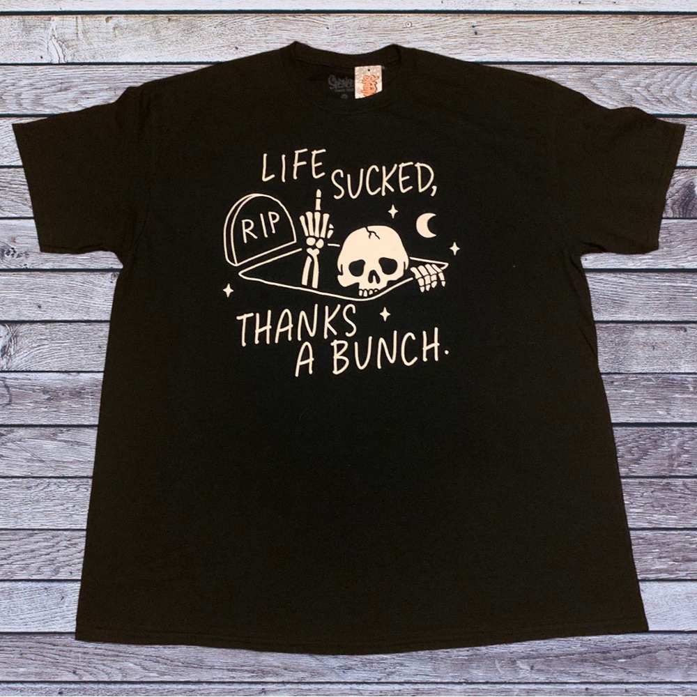 Funny Grim Reaper Shirt Life Sucks Threadless Horror Halloween Spencer’s Skull